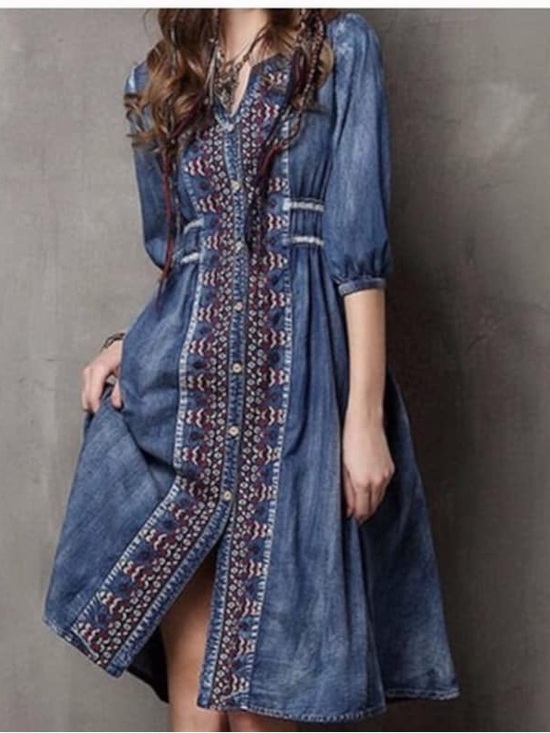 Keer Qiaowa Dresses & Skirts - Vintage Keer Qiaowa Cross Stitch Midi Denim Dress Size M